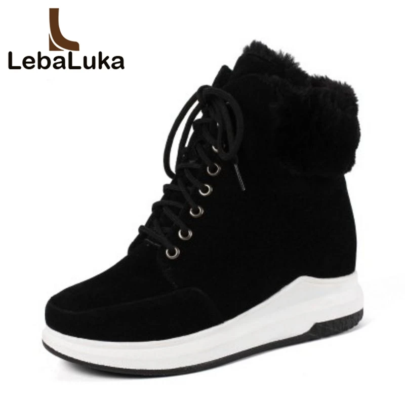 

Tuyoki Women Warm Ankle Boots Winter Plush Fur Shoes Woman Lace Up Wedge Boots Fashion Inside Heels Footwear Size 33-43