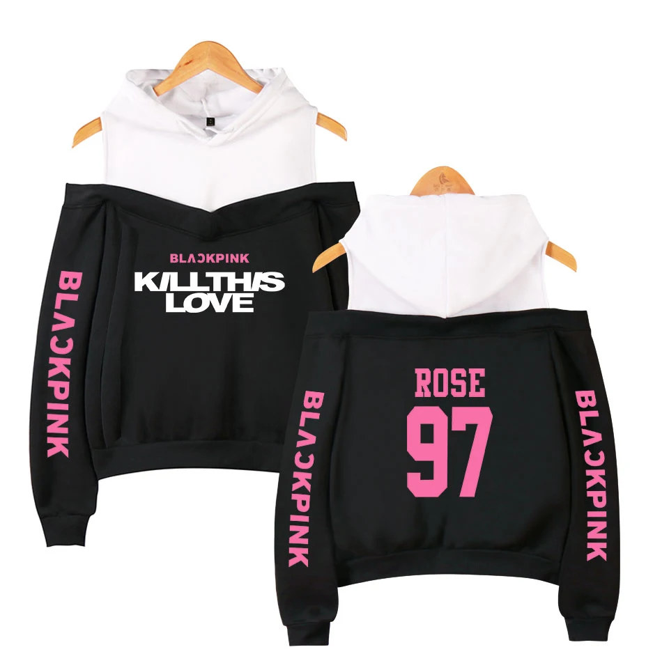 Черный Розовый Kpop с открытыми плечами толстовка Kawaii женское худи Blackpink Kill This Love печатная женская укороченная Толстовка - Цвет: black