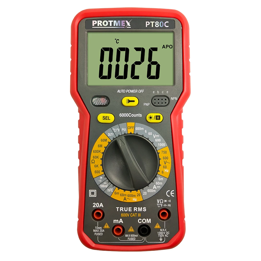 

Protmex 6000 counts Digital multimeter Detection AC/DC Voltage&AC/DC Current/Resistance/Diode/Capaci tance Frequency/Temperature