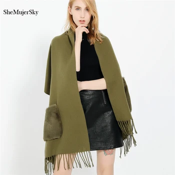 

SheMujerSky Army Green Poncho With Pockets Shawl Tassel Scarves Elegant Beige Winter Scarf dames sjaal