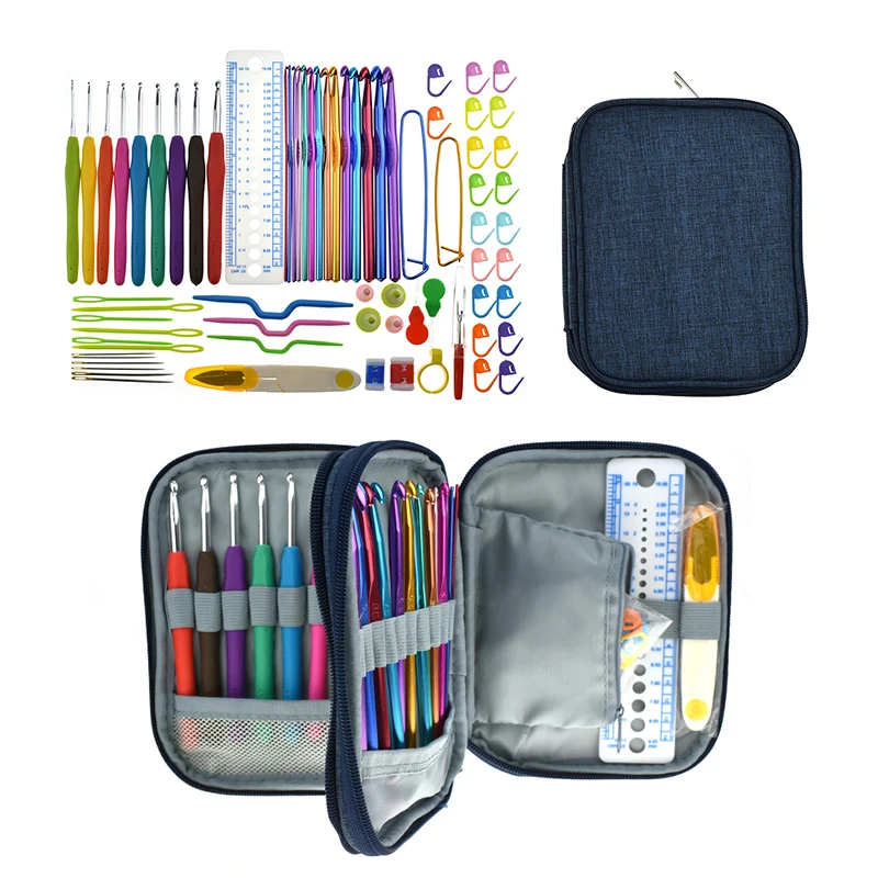 Mix 23pcs Crochet Hooks Set Yarn Knitting Needle Sewing Needles Scissors Set With Blue Case Women DIY Craft Tools Accessories  (1)