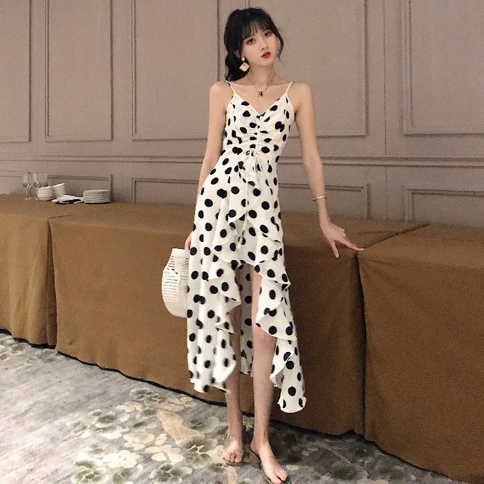 vintage style summer Women's Clothing dress polka dot v-neck ruffles Asymmetric spaghetti strap dresses fashion brands new