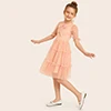 SHEIN/милое платье для девочек с завязками на шее и рюшами, летнее платье с короткими рукавами и высокой талией, многослойное платье с оборками для детей