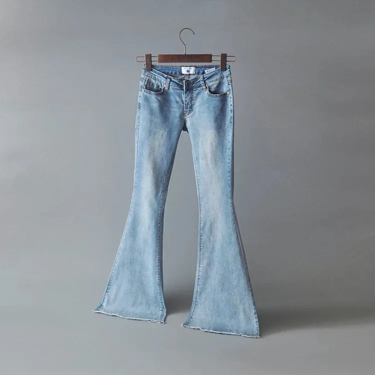 Винтажные эластичные расклешенные джинсы с низкой талией, женские обтягивающие джинсы в ретро стиле, Женские Широкие джинсовые штаны MT2297 - Цвет: LIGHT BLUE