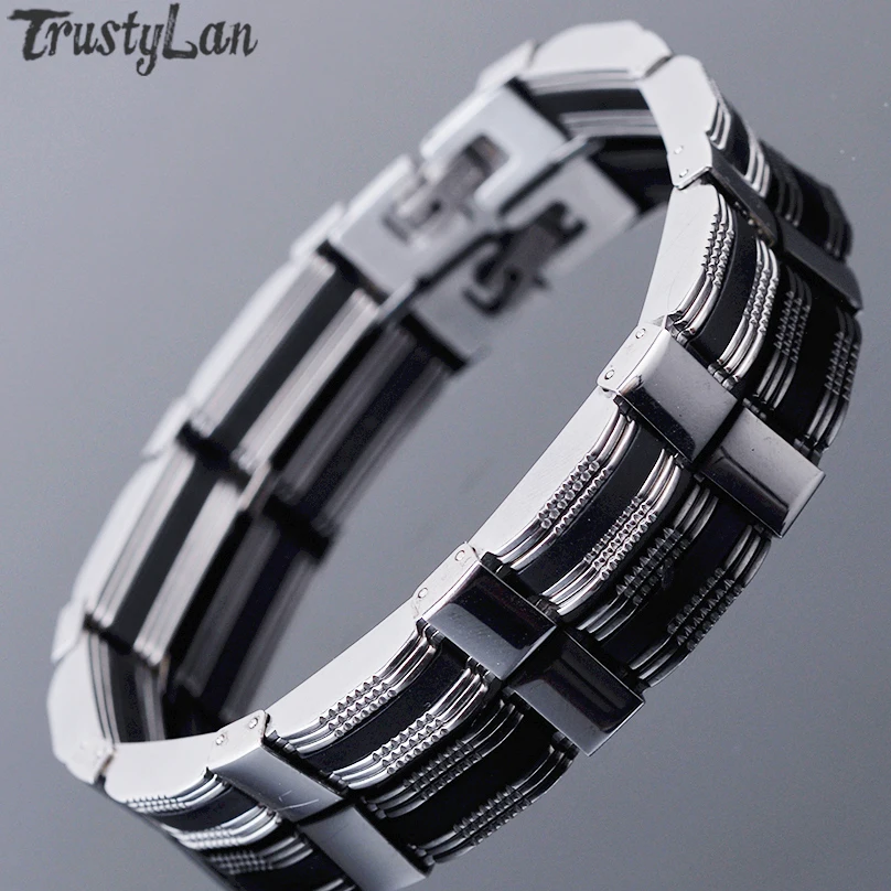 Модные черные силиконовые браслеты для мужчин, 10 мм, ширина 316L, нержавеющая сталь, мужской браслет, браслет, модные ювелирные изделия, аксессуары, TrustyLan