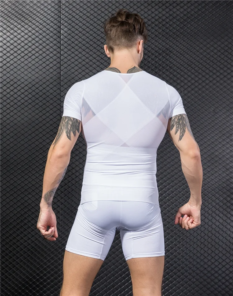 Murah Pria tubuh pembentuk lengan pendek t kemeja korset ramping Kemeja Perut Pemangkas Pembentuk tubuh bangunan Pelangsing Dada Ritsleting Kompresi