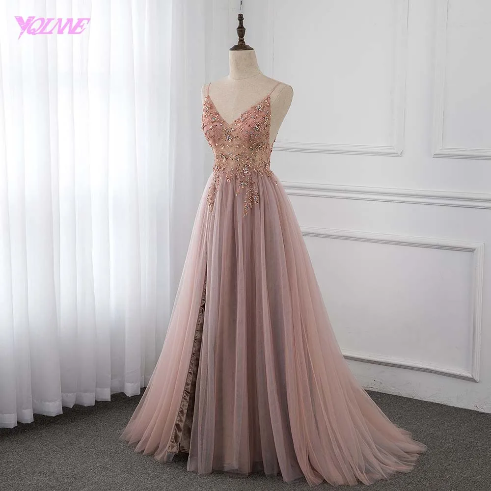 Billige Süße Düstere Rosa Kristall Prom Kleider Lange Straps Spaghetti Sehen Durch Tüll Abendkleid Slit Rechts YQLNNE