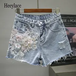 Рваные джинсовые шорты с вышивкой 3D Флористический с высокой талией джинсовые шорты женские 2019 джинсы с потертостями и дырками шорты