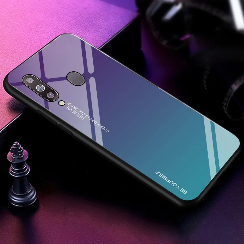 Градиентный чехол из закаленного стекла для телефона для samsung Galaxy A10 A20 A20E A30 A50 A70 M10 M20 M30 S10 S10e плюс ударные Красочная обложка