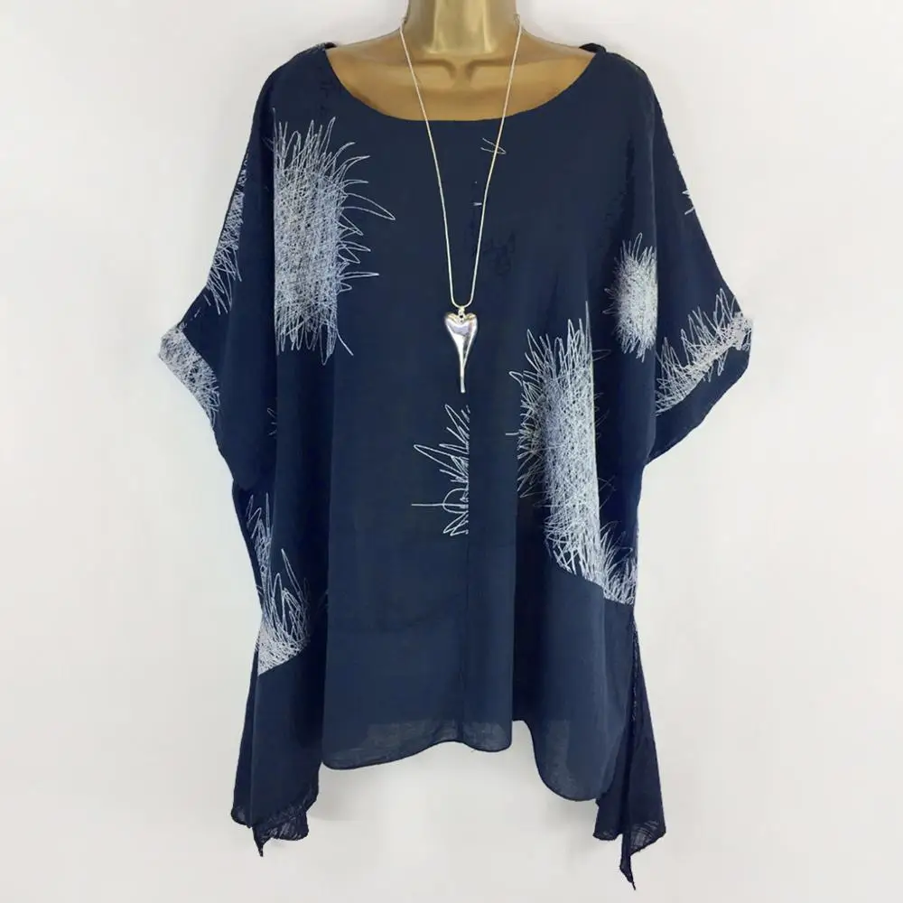 

Plus Size Women O-neck Short Sleeve Printing Cotton And Linen Shirts Casual Irregular Hem Loose Pullover Tops Blouses For Ladies