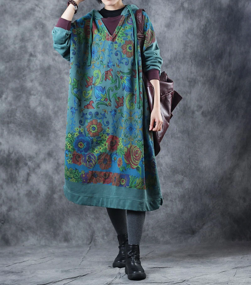 

Women Plus Size Hooded Printed Dress Ladies Robe Dress Female Print Loose Dresses 2019 Vintage Retro Print Dresses
