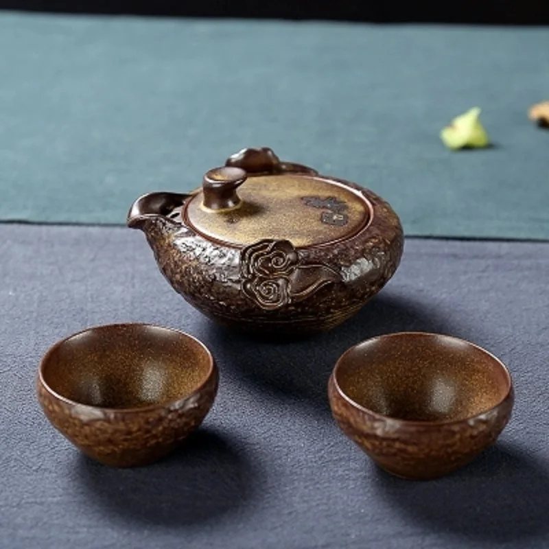 Coarse pottery clay tea set A pot of two cup portable travel tea setin