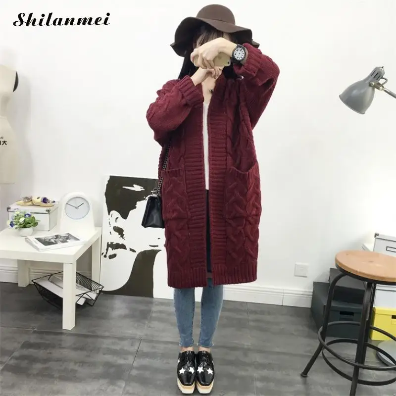 2018 Women Autumn Winter Sweater Green Long Cardigan Female Solid Purple Sweater Thick Long Sleeve Outwear With Two Pockets Sweaters