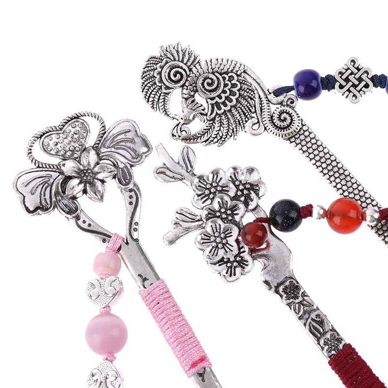 Metal Bookmark Chinese Style Antique Handmade Long Tassel Beads School Office Supplies Traditional Book Mark