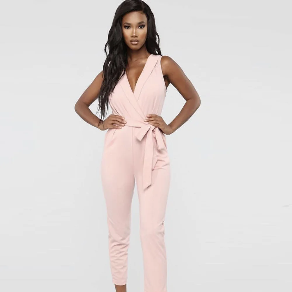 

2019 Summer Ladies Sleeveless Solid Jumpsuit Women Romper Sexy V-neck High Waist Sashes Casual Fashion Zipper Wide Leg Overalls