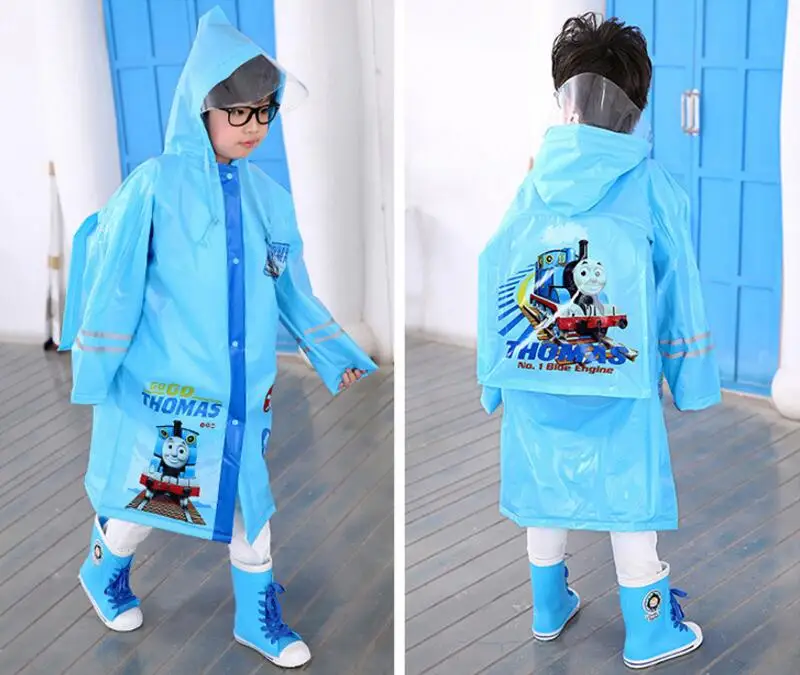 9.Waterproof raincoat kids girls boys with schoolbag Thicken Long rain jacket for children Super waterproof cap rain coat rainwear