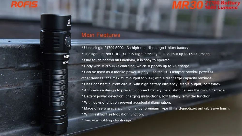 Rofis MR30 CREE XHP35 HI 1600 люмен micro-USB Перезаряжаемый СВЕТОДИОДНЫЙ фонарик