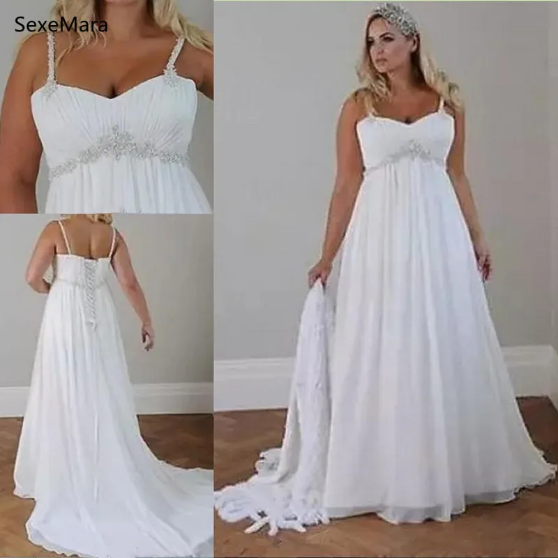 

Crystals Plus Size Beach Wedding Dresses Corset Lace Up Back Sweetheart Chiffon Floor Length Empire Bridal Gown Custom Made Size