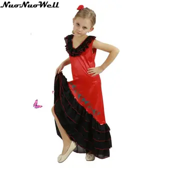 

Halloween Kids Belly Dance Costumes Gypsy Girl's Costume Spanish Dance Red Dress with Beautiful Black Hemlines for Party Show
