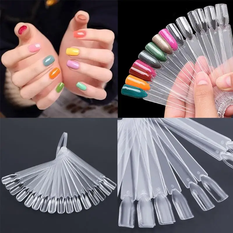 

32Pcs False Nail Display Fan Board Nail Art Tips Polish UV Gel Decoration Practice Round Display Foldable Black Clear Color