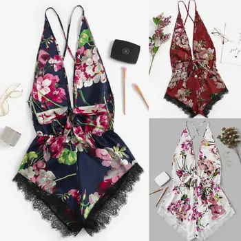 

Sexy Women's Floral Lace Trim Halter Neck Floral Print Nightwear Mini Dress Babydoll Underwear Lingerie Sleepwear