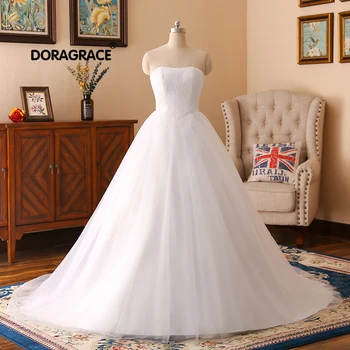 

Doragrace vestidos de novia In Stock Lace Tulle Strapless Bridal Bride Dress Plus Size Princess Wedding Dresses White