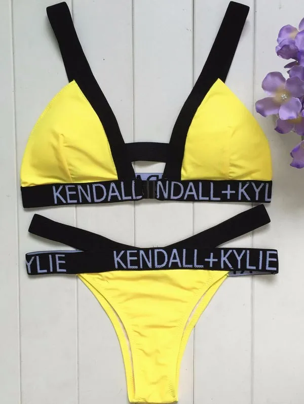 KENDALL NDALL KYLIE, сексуальный бандаж, бикини с буквами, пуш-ап, купальники, лучшие Мягкие Купальники, высокая талия, купальный костюм - Цвет: Yellow