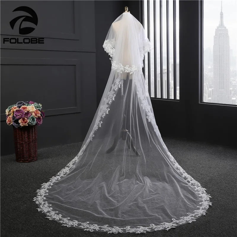 

Casamento Stock White/Ivory Appliques Lace Edge Two-Layer Tulle Wedding Veils Wedding Accessories Bridal Veils Free Shipping