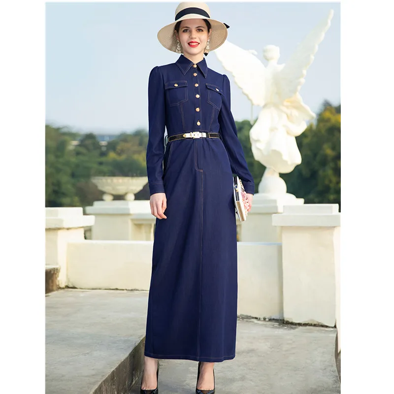

Spring Autumn Long Denim Dress 2019 Women Long sleeve Turn Down Collar Button Office Ladies Formal Shirt Pencil Dresses S- 4XL