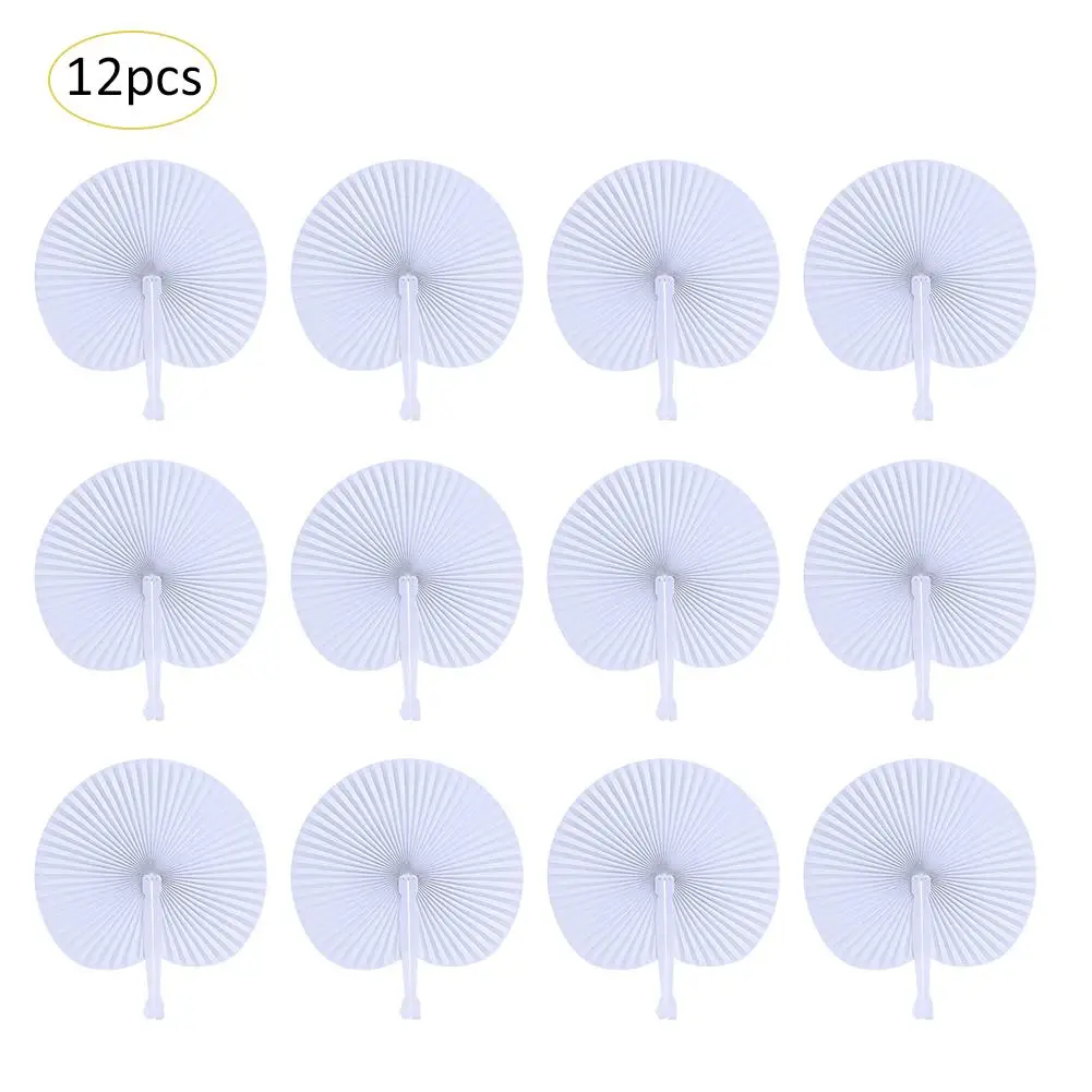  12Pcs White Wedding Circular Paper Folding Fan For Ceremony Invitations Round Shaped Wedding Fans - 33042892662