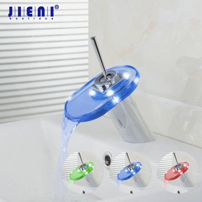 

JIENI LED Glass Square Bathroom Basin sink Faucet waterfall bathroom vanity Mixer Tap Chrome Bathroom Faucets Mixers Taps