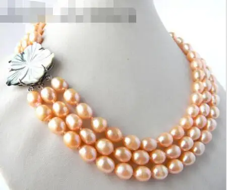 

Free Shipping >> 3Strands 18'' 9MM Pink Rice Freshwater Pearl Necklace