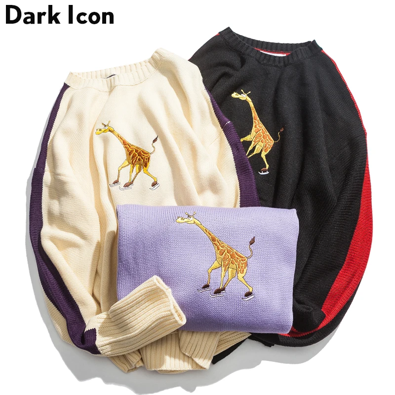 

Embroidery Round Neck Men's Sweater 2018 Winter Color Block on Sleeve Preppy Style Sweater Men 3 Colors