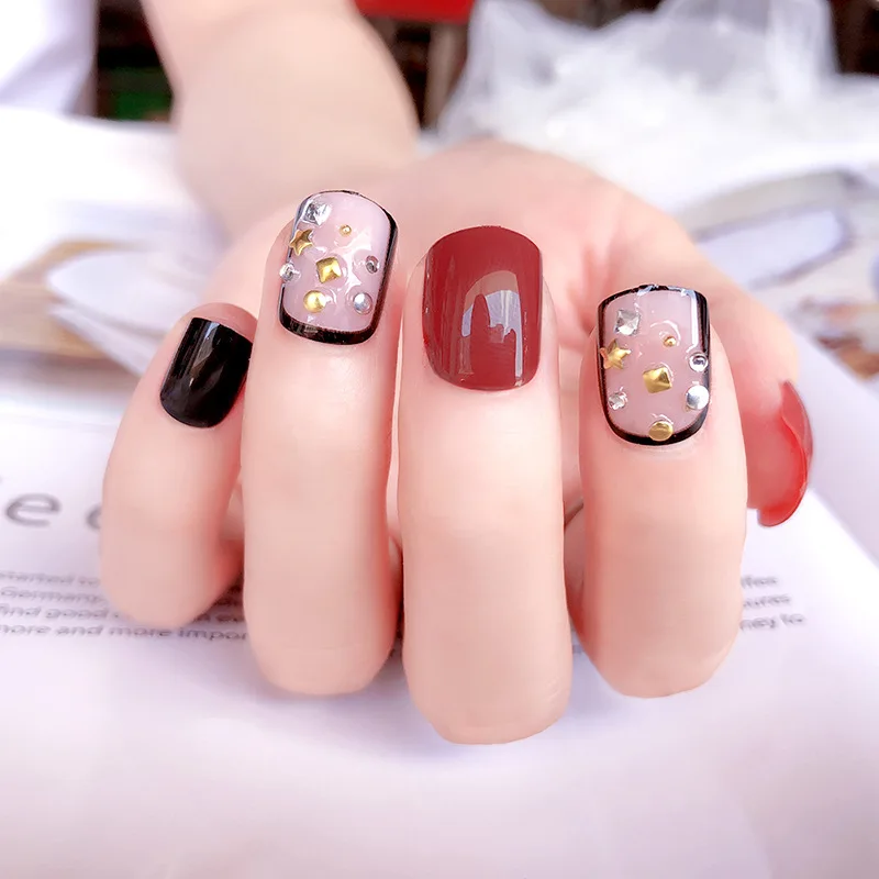 

Magnet with mink fur false nails Beautiful pure color with flower pattern fake nails cute imported bride full nail tips#