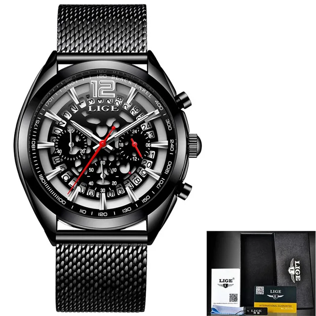 LIGE мужские часы модные новые роскошные брендовые пиратские полые мужские часы повседневные спортивные наручные часы Relogio Masculino подарок - Цвет: black