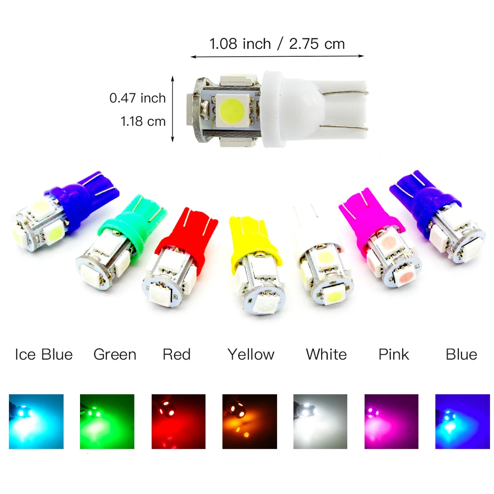 W5W White Red Blue LED Lights Car Dashboard Trunk Signal Replacement Reverse Wedge SMD 5050 12V T10 194 168 2825 Lamp Bulb 10x