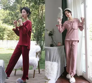

long sleeves tops pajamas sets cotton nightwear big yards M-XL pure cotton pyjamas women sleepwear 2pcs/set