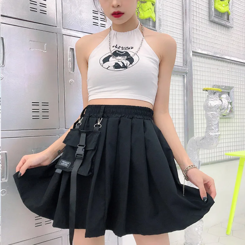 New Womens Skirts Autumn Fashion Short Skirt Female Pleated School Skirt Loose Pocket High Waist Metal Chain Summer Bottoms - Цвет: black