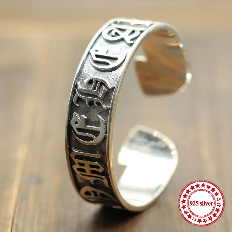 

S925 sterling silver men's bracelet personality retro domineering fashion punk style hip-hop letters send lover's gift Bangles