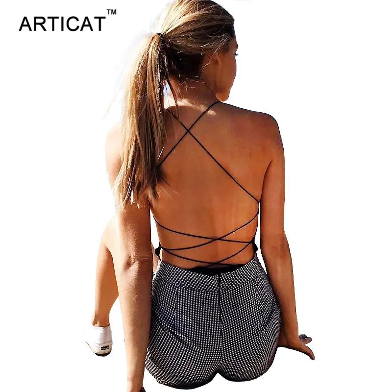 Articat مثير الدانتيل يصل عارية الذراعين Bodycon النساء الصليب ضمادة Bodycon حللا رومبير الصيف عارضة بدلة للجسم النساء قمم وزرة