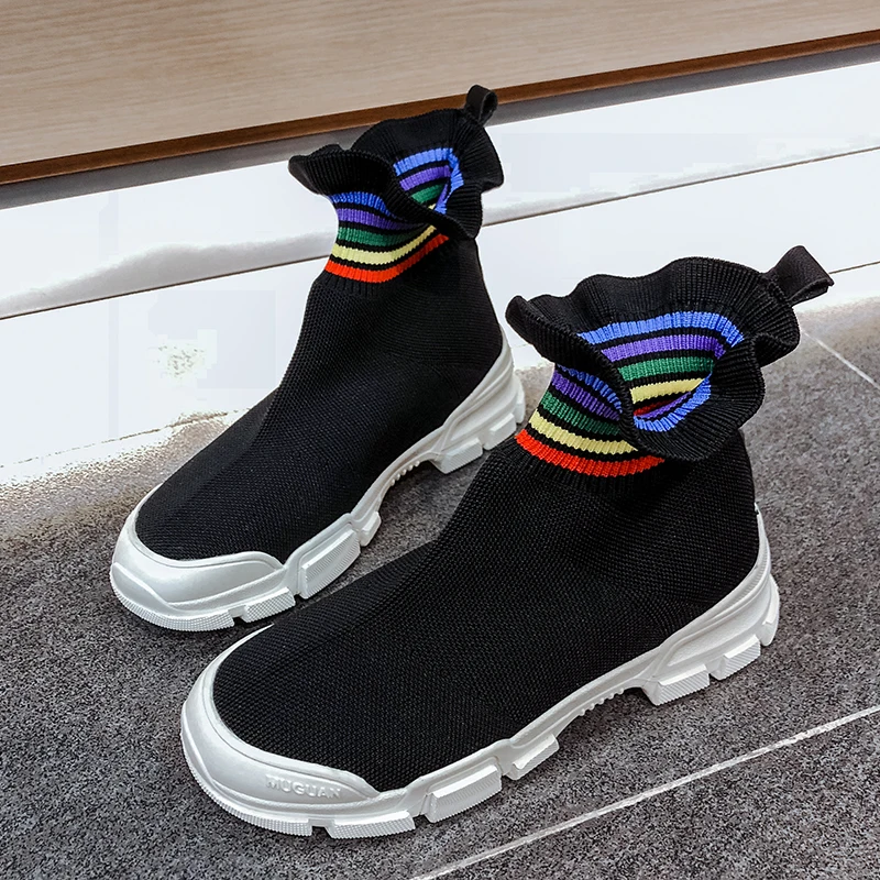 

Kjstyrka Flat With Fashion Casual Women Boots Round Toe Ankle Stretch Boot Knitting Lady Shoes Slip On sock boots Black