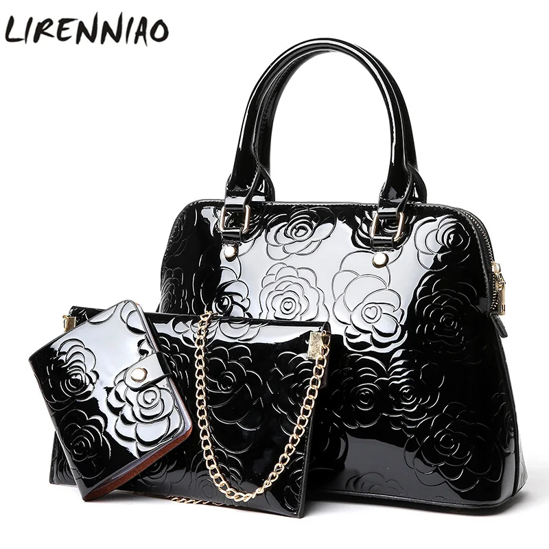 High Quality PU Leather Women Bags Floral Printing 3pcs Set Women Handbags Purse Cultch Composite Messenger