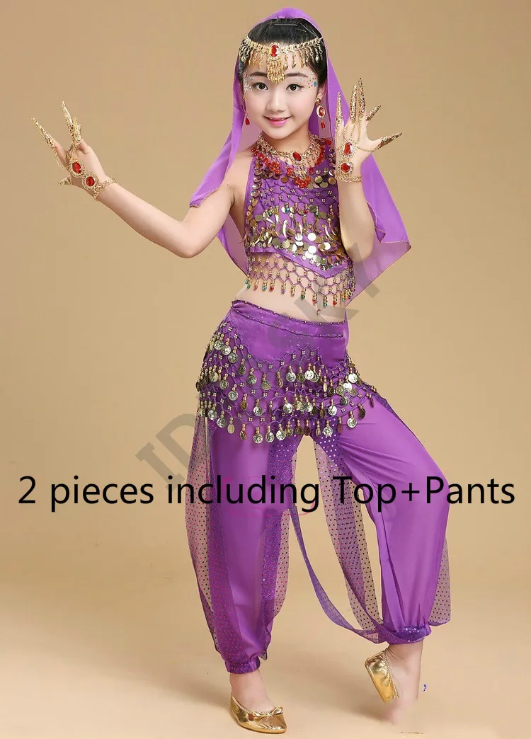 Детский костюм для восточного танца, костюмы для восточных танцев, одежда для танца живота, индийские костюмы для девочек, для взрослых - Цвет: Purple 2pcs