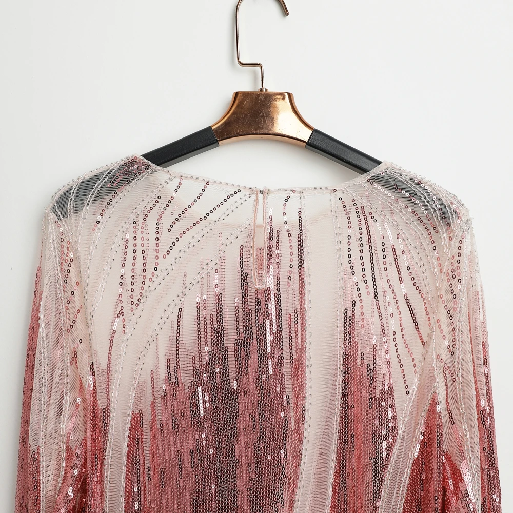 Partysix Роскошные блестки сетчатые рубашки перспектива полый пуловер Блузки с бусинами с длинными рукавами марлевые сплайсированные ручной работы