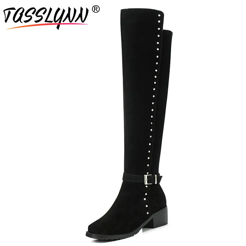 

TASSLYNN 2018 Women Boots Cow Suede Autumn Boots Women Shoes Med Heels Round Toe Zipper Knee High Boots Lady Casual Shoes 34-43