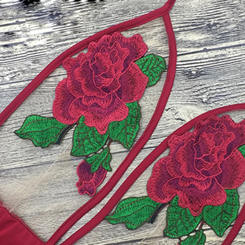 Sexy Rose Embroidery Overalls See Through Beach Bodysuits Women stretch Jumpsuit Halter Rompers 2018 Summer Swimsuit red wine Sexy Rose Embroidery Overalls See Through Beach Bodysuits Women stretch Jumpsuit Halter Rompers 2018 Summer Swimsuit red wine
