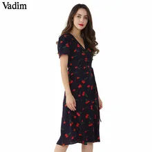Vadim vintage cuello en V floral patrón midi wrap vestido cherry vestido lazo Cruz diseño manga corta vestido retro mujer QZ3506(China)