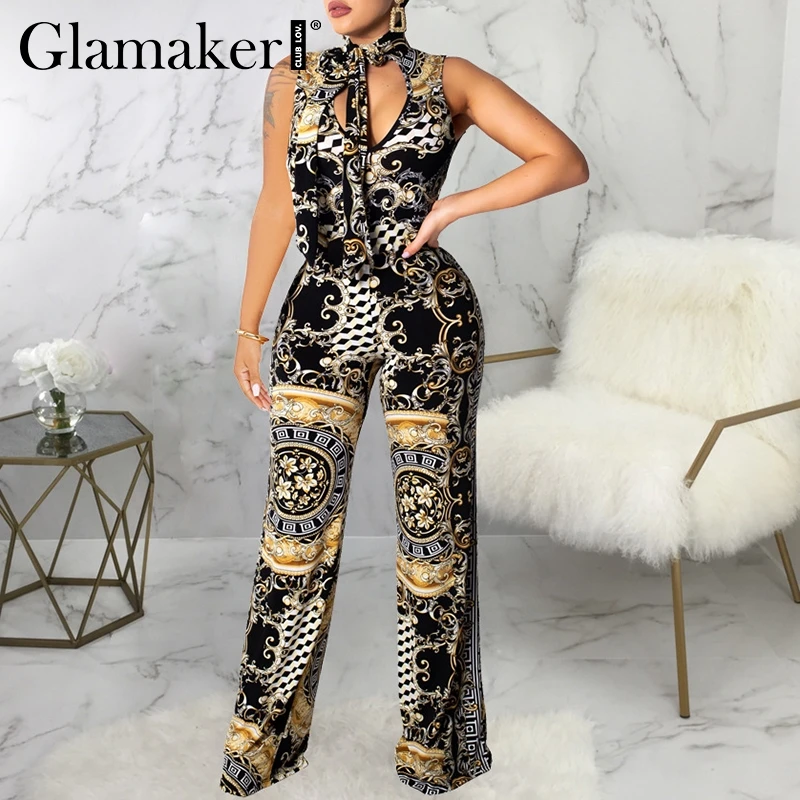 Glamaker пикантные без рукавов с принтом Комбинезон со шнуровкой Для женщин винтажные обтягивающий длинный комбинезон Комбинезоны женские