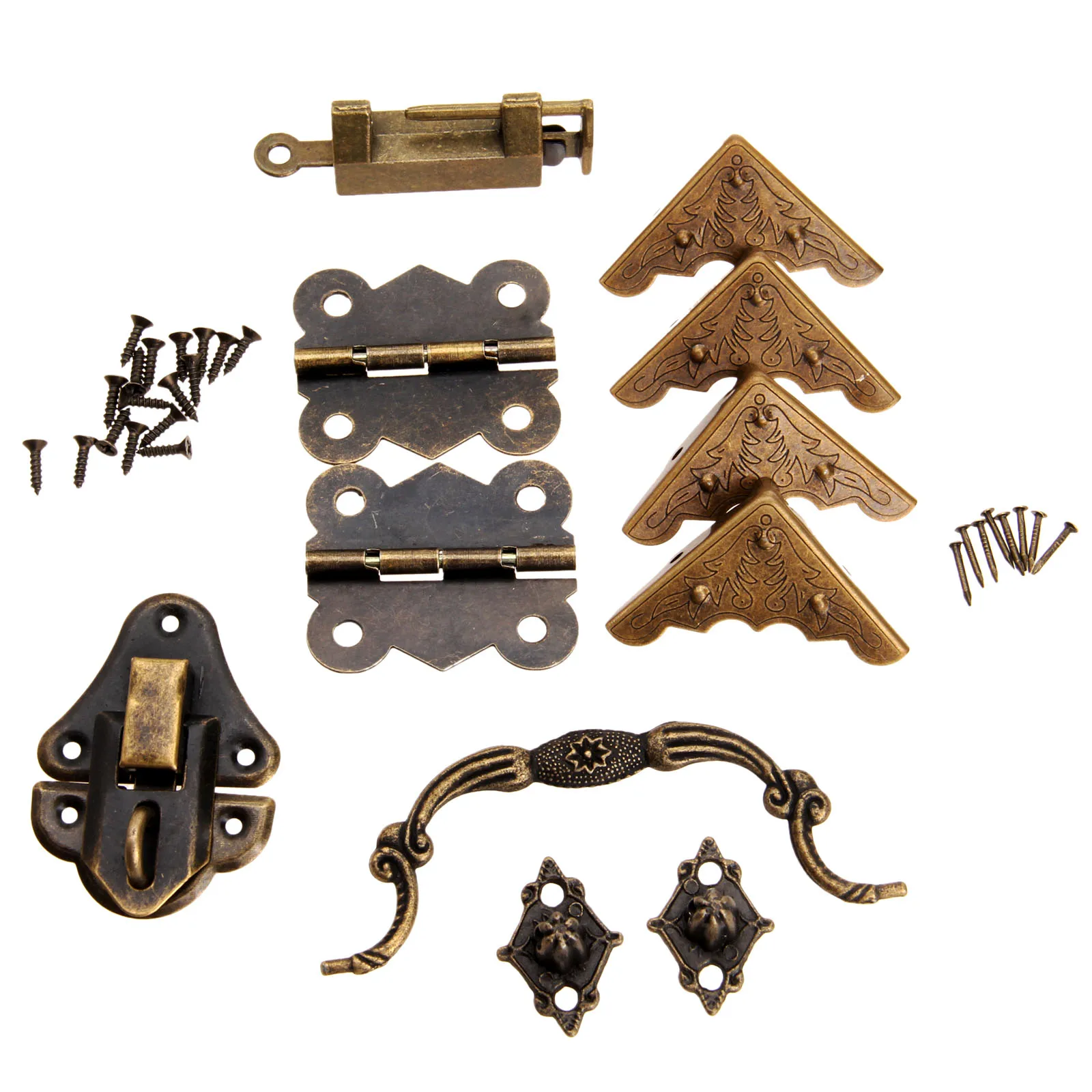 9Pcs/set Furniture Hardware Chinese Brass Hardware Antique Wooden Box Latch Hasp+Pull Handle+Hinges+Corner Protector+Old Lock