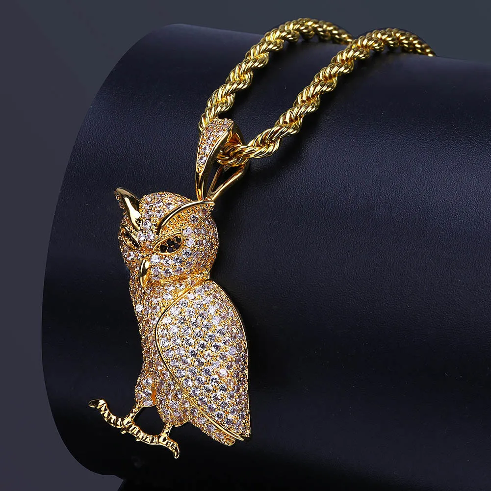 

2018 Gold Silver Color Plated Iced Out Micro Pave Cz Stone Animal Owl Pendant Necklace Hip Hop Jewelry With 60cm Rope Chain